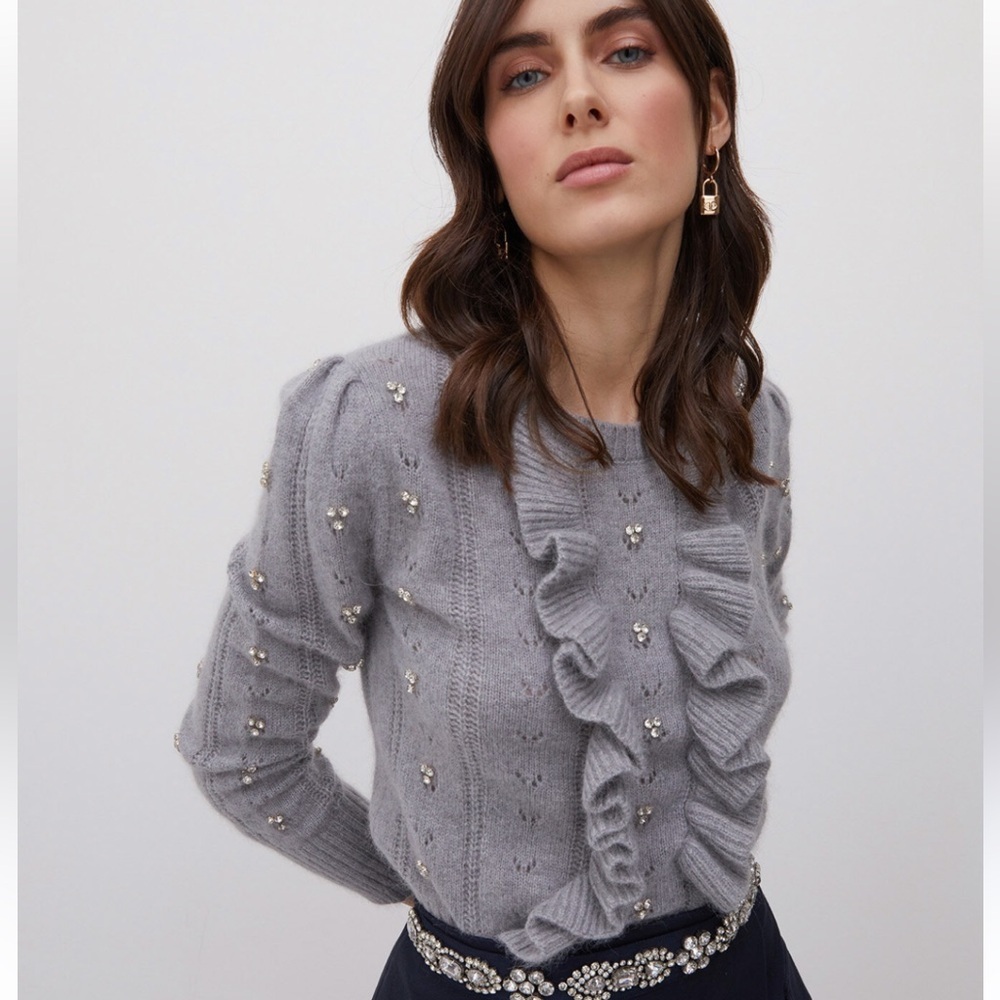 Industry Gray Ruffled Sweater with Pearl Embellishments size XS